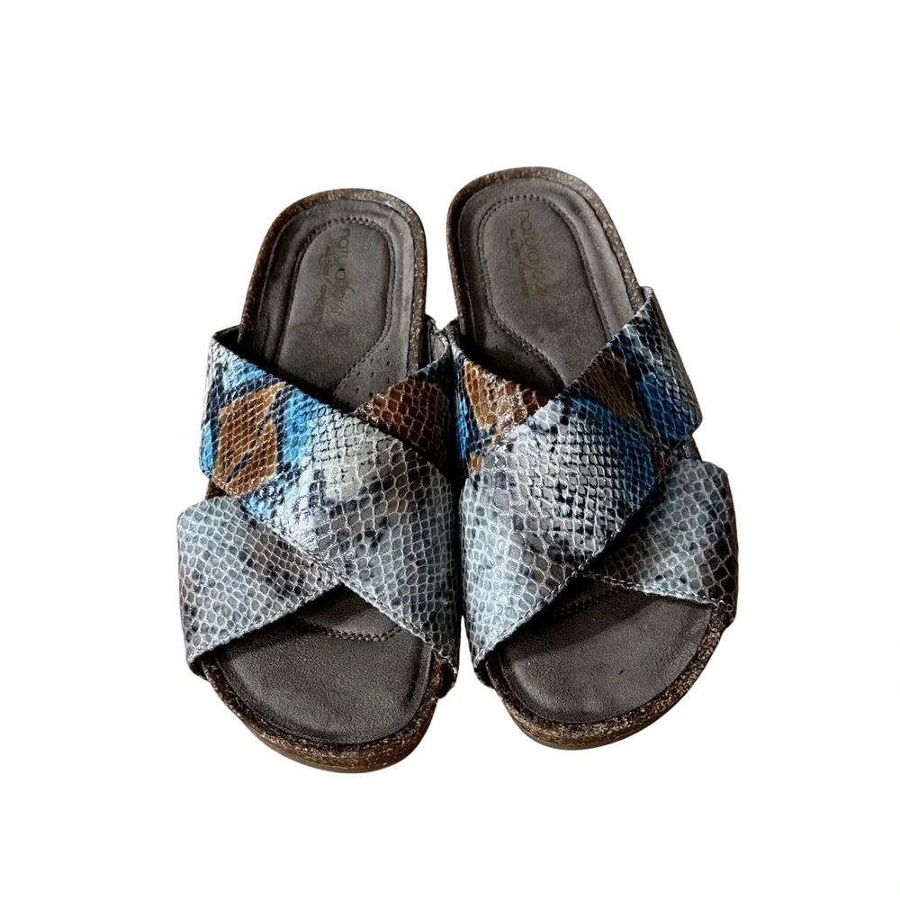 Natural Soul Snakeskin Print Cork Wedge Slide Sandals Blue Brown‎ Grey Womens